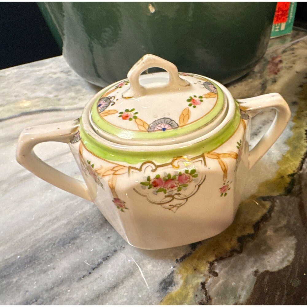 Nippon Porcelain Floral Lidded Sugar Bowl 2-Handle Hexagon White Green